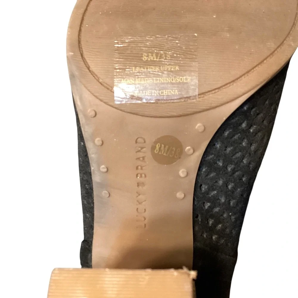 Lucky Brand Livey Black Suede Perforated Open Toe Block Heel Booties 8M Boho EUC